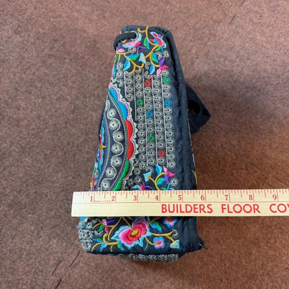 Boho Hmong Embroidered Backpack Floral Folk Art Canvas Drawstring Bag Black Mult